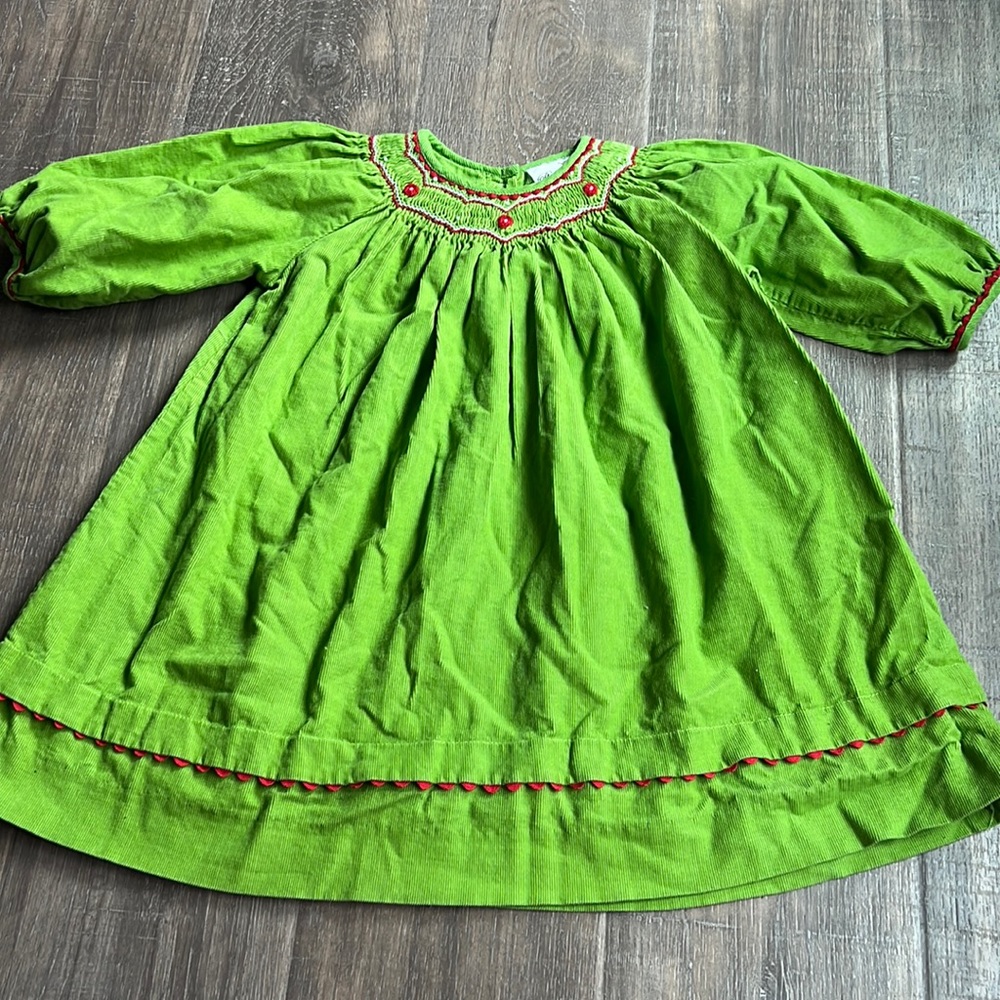Rare Editions/Smocked Poinsettia/Green corduroy dress